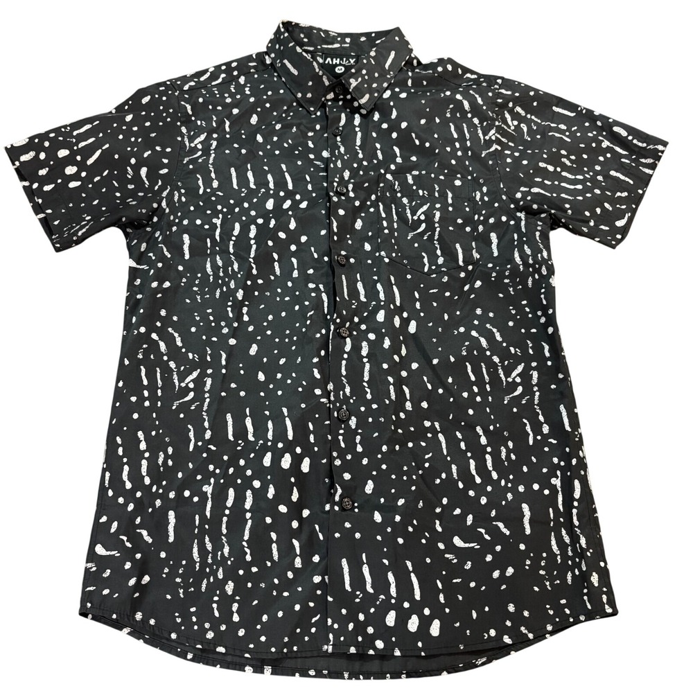 Ahoy‎ Surf Co Mens Black White Abstract Paint Drip Dot Short Sleeve Button Up M
